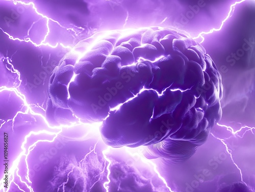 The artwork features a brain illuminated by hot white electrical impulses, surrounded by vibrant purple and pink glows