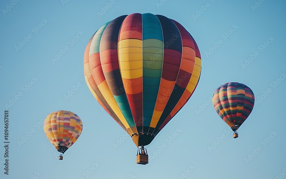 Three colorful hot air balloons ascend against a clear blue sky. Three colorful hot air balloons ascend against a clear blue sky.
