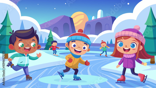 Excited children skating on ice rink, joyful faces in snowy landscape, winter fun activity in frosty outdoors
