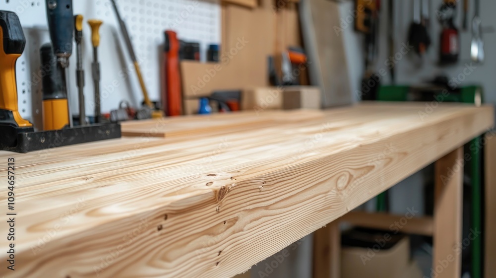 Close-Up View of a Well-Organized Wooden Workbench in a Workshop, Showcasing Natural Wood Grain and Essential Tools for Carpentry Projects Close-Up View of a Well-Organized Wooden Workbench in a Workshop, Showcasing Natural Wood Grain and Essential Tools for Carpentry Projects