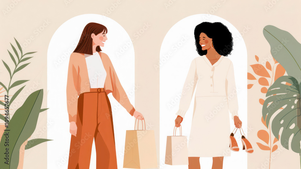 Two Stylish Women Enjoy Shopping Together in a Modern Boutique Setting Surrounded by Plants and Elegant Decor, Showcasing Friendship and Fashion Choices Two Stylish Women Enjoy Shopping Together in a Modern Boutique Setting Surrounded by Plants and Elegant Decor, Showcasing Friendship and Fashion Choices