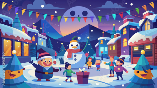 Snowy street with happy people enjoying festive evening, twinkling lights, and decorations. Joyful crowd walking in winter street celebration, holiday evening scene.