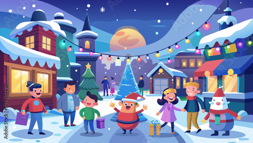 Snowy street with happy people enjoying festive evening, twinkling lights, and decorations. Joyful crowd walking in winter street celebration, holiday evening scene.