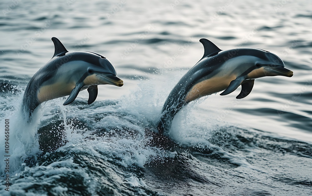 Obraz premium Two dolphins leap from ocean waves.
