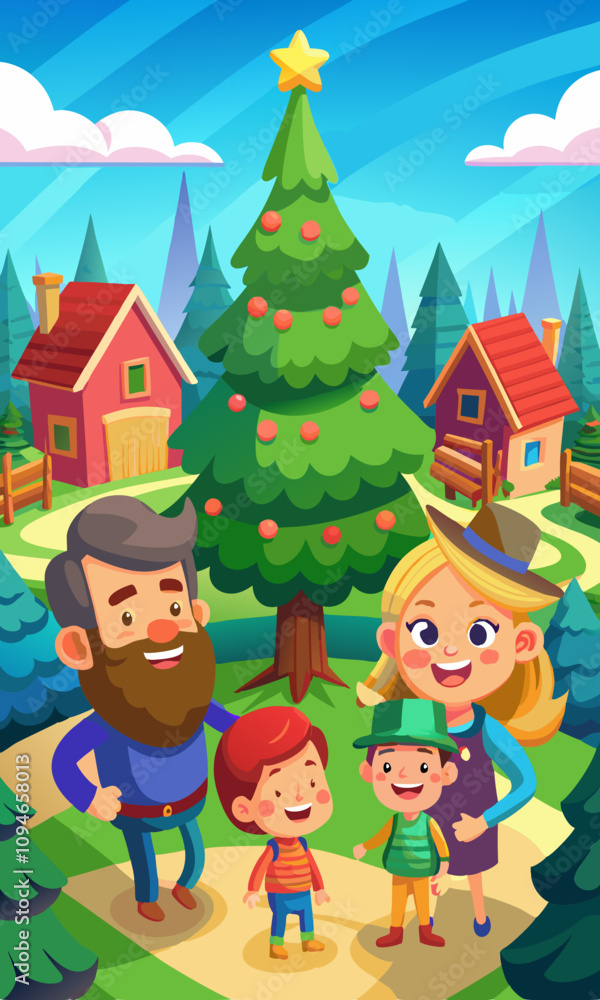 Excited families choosing their perfect tree at a vibrant evergreen tree farm. Joyful parents and kids selecting festive trees in an animated outdoor tree farm scene Excited families choosing their perfect tree at a vibrant evergreen tree farm. Joyful parents and kids selecting festive trees in an animated outdoor tree farm scene