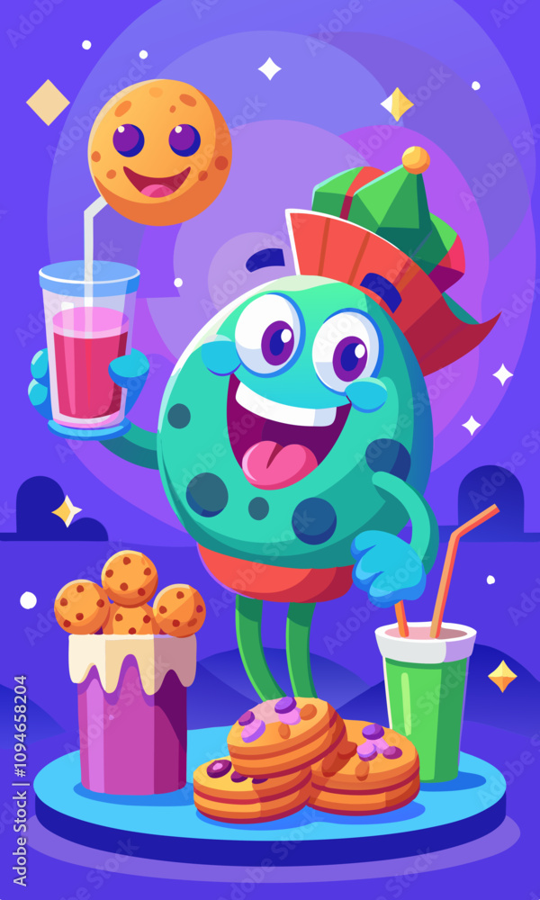 Naklejka premium Happy figure enjoying festive cookies with milk in festive home setting. Delightful person indulging in holiday cookies and milk with cozy atmosphere
