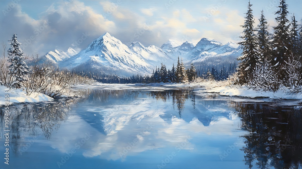 A tranquil winter scene with snowy peaks reflected in the still waters of a nearby lake. A tranquil winter scene with snowy peaks reflected in the still waters of a nearby lake.