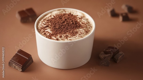 A cozy bowl of rich hot chocolate is topped with finely grated chocolate, accompanied by pieces of dark chocolate. This comforting treat is perfect for chilly days or sweet indulgence.