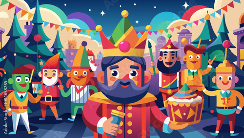 Festive parade scene with animated faces of spectators and performers celebrating together in joyful holiday spirit, colorful floats and lively atmosphere.
