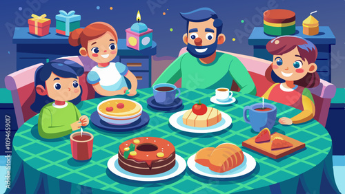 Family enjoying breakfast together at festive table, celebrating holiday morning with cheerful vibes, delicious food, and warm family moments.
