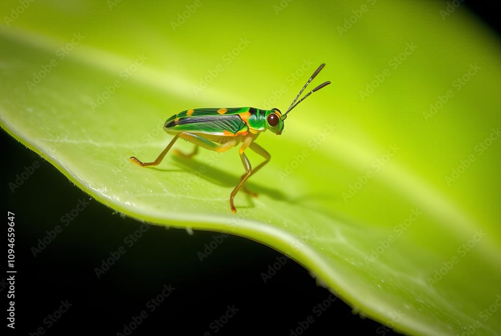 Leafhopper's Leaf Dance A tiny leafhopper with vibrant colors pe Leafhopper's Leaf Dance A tiny leafhopper with vibrant colors pe