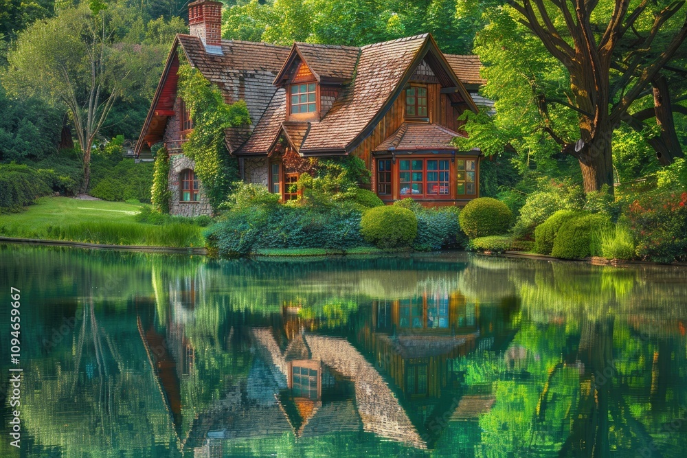 Fototapeta premium Idyllic lake house in lush garden. Perfect for real estate, travel, or nature websites; evokes tranquility and luxury.
