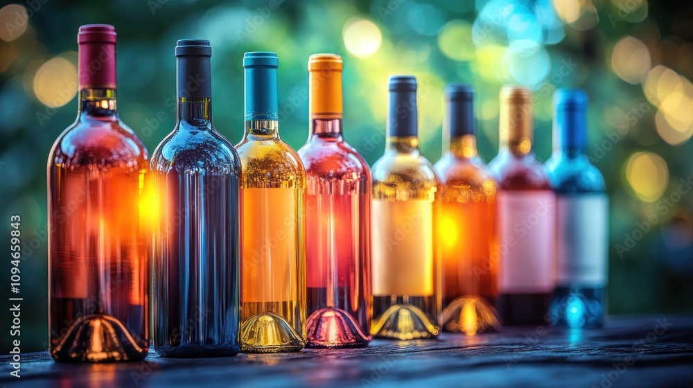 Colorful wine bottles on wooden surface. Colorful wine bottles on wooden surface.