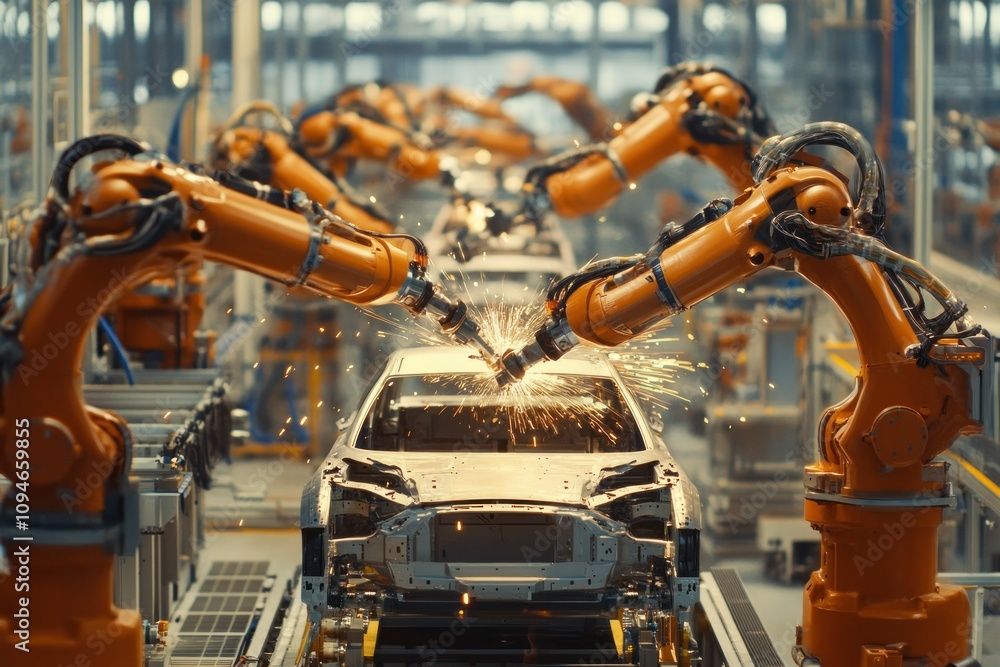 Industrial robotic arms welding car frames in an automated assembly line, representing modern manufacturing technology Industrial robotic arms welding car frames in an automated assembly line, representing modern manufacturing technology