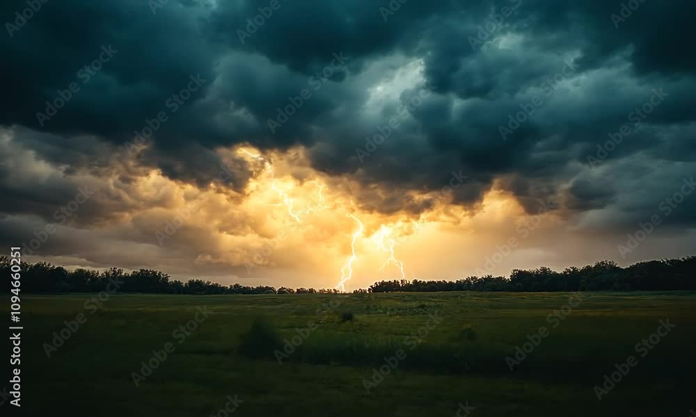 Dramatic storm clouds illuminated by lightning at sunset. Dramatic storm clouds illuminated by lightning at sunset.