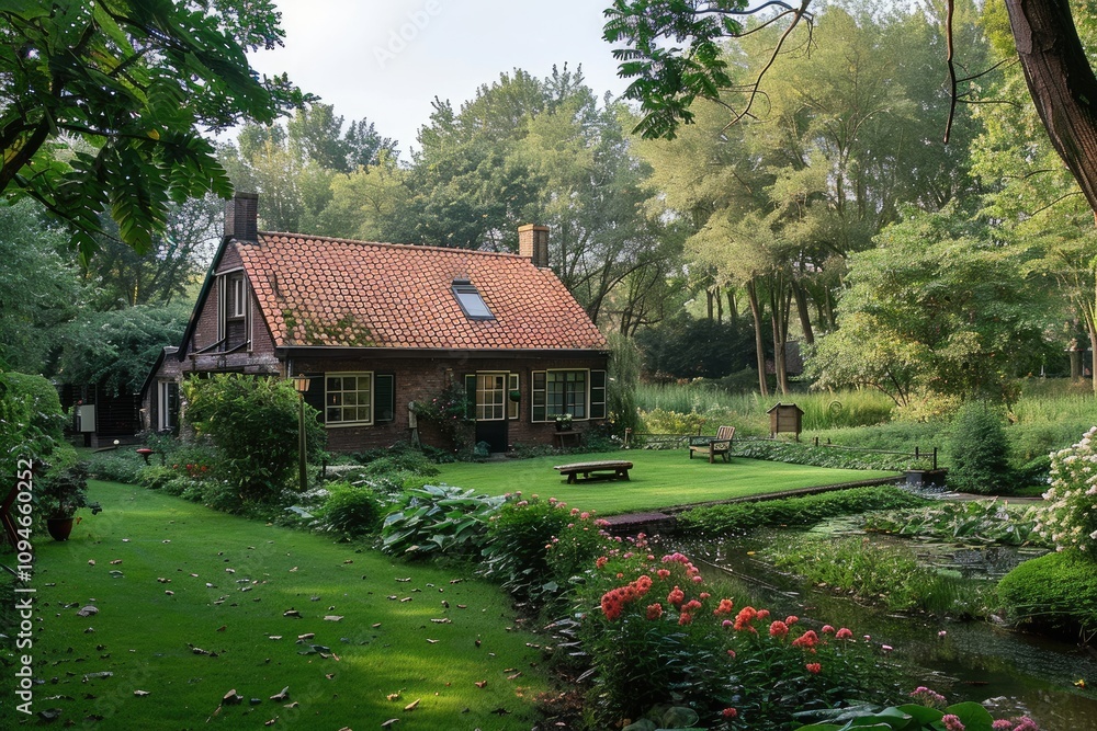 Fototapeta premium Brick house in a lush garden. Perfect for real estate, travel, or nature themes; showcasing tranquility and idyllic living.