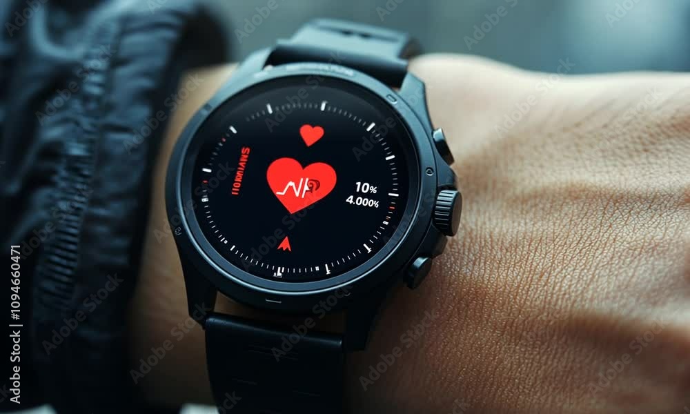 Smartwatch displaying heart rate and health metrics. Smartwatch displaying heart rate and health metrics.