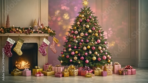 Beautifully decorated Christmas tree with pink and gold ornaments surrounded by wrapped gifts in a cozy living room