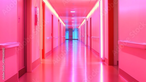 Pink Neon Hallway in a Modern Building. AI Generated