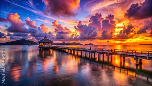 Stunning Architectural Photography of a Beautiful Sunrise Over Chalong Pier, Showcasing Dramatic Clouds, Serene Waters, and the Perfect Morning Light Reflections on the Horizon