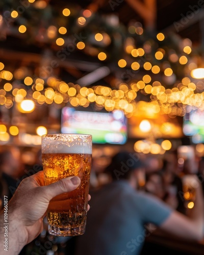 A hand holds a glass of beer in a lively bar, illuminated by warm lights and a social atmosphere, with blurred patrons in the background.