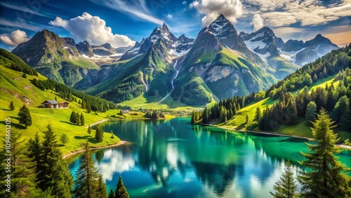 Stunning Bergahorn Landscape: Majestic Alpine Peaks, Lush Green Valleys, and Crystal-Clear Lakes under a Bright Blue Sky Captured in Breathtaking Detail for Nature Enthusiasts