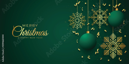 celebration of merry christmas greeting card or banner design.with christmas ball and snowflakes ornament decoration on green background