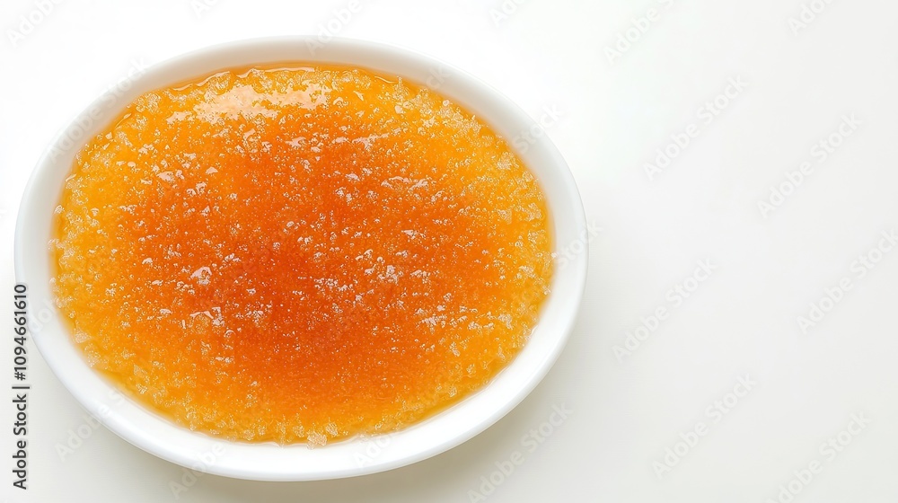 A close-up view of a white dish with honey. The honey is a golden amber color and is glistening. A close-up view of a white dish with honey. The honey is a golden amber color and is glistening.