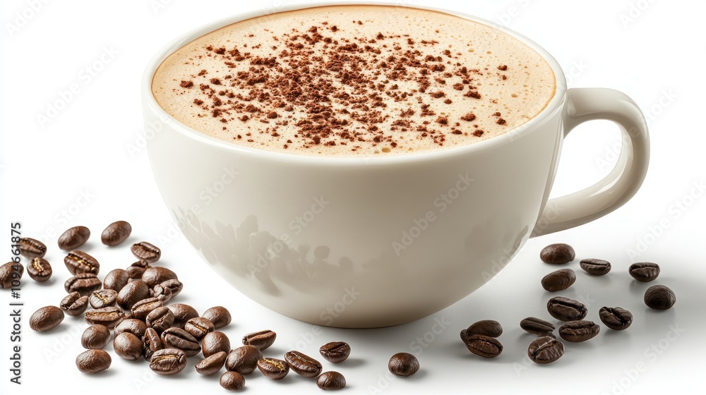 Creamy cappuccino topped with cocoa powder, served in a mug with coffee beans. Creamy cappuccino topped with cocoa powder, served in a mug with coffee beans.