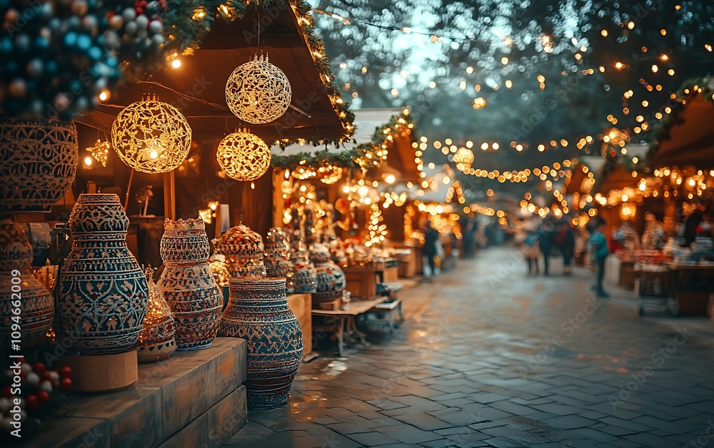 Obraz premium Illuminated Christmas market stalls display handcrafted pottery, festive lights, and blurred shoppers.