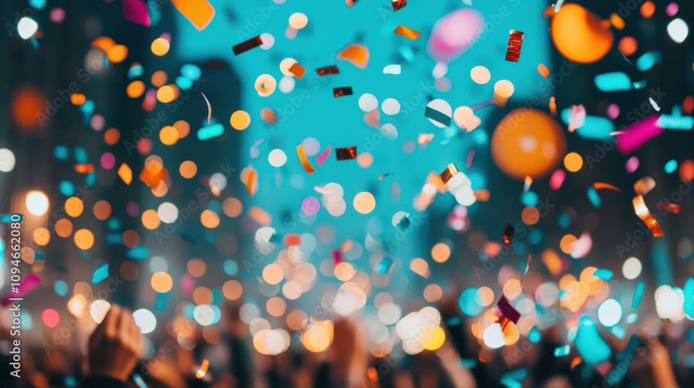 Naklejka premium Crowd celebrating with falling confetti and glowing lights at night