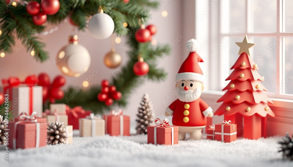 A cartoon Santa Claus stands with a red Christmas tree, presents, and pine cones on a white fluffy surface. A cartoon Santa Claus stands with a red Christmas tree, presents, and pine cones on a white fluffy surface.