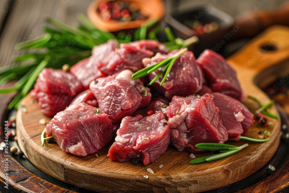 Fresh diced beef on wooden board. Perfect for recipes, menus, or culinary websites needing appetizing images of meat. Fresh diced beef on wooden board. Perfect for recipes, menus, or culinary websites needing appetizing images of meat.
