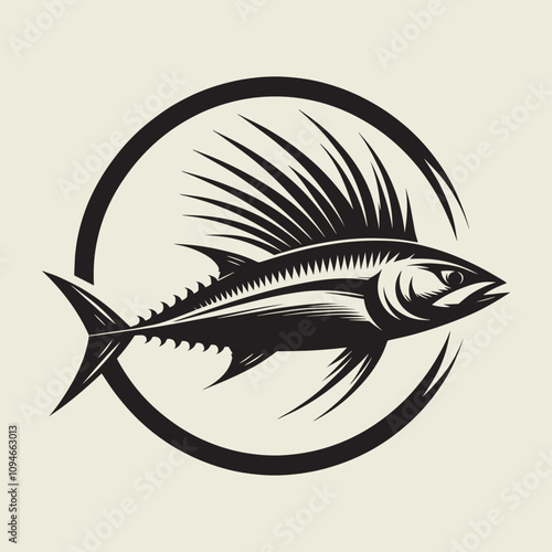A fish head and a fish in the middle of a forest. A poster that says fish set on it.
