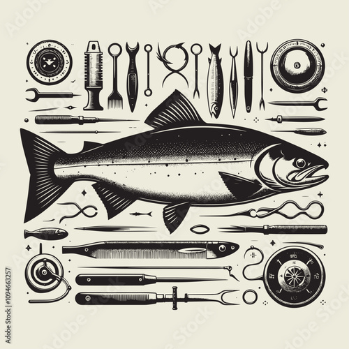 A fish head and a fish in the middle of a forest. A poster that says fish set on it.