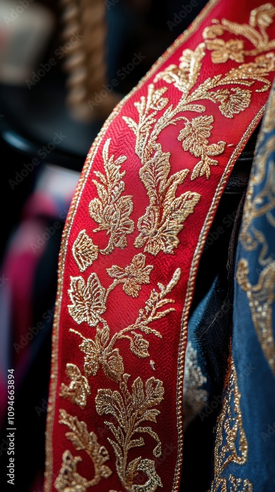 A bright red silk ribbon with gold embroidery stands out among traditional garments A bright red silk ribbon with gold embroidery stands out among traditional garments
