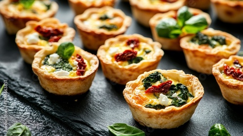 A display of mini quiches filled with spinach