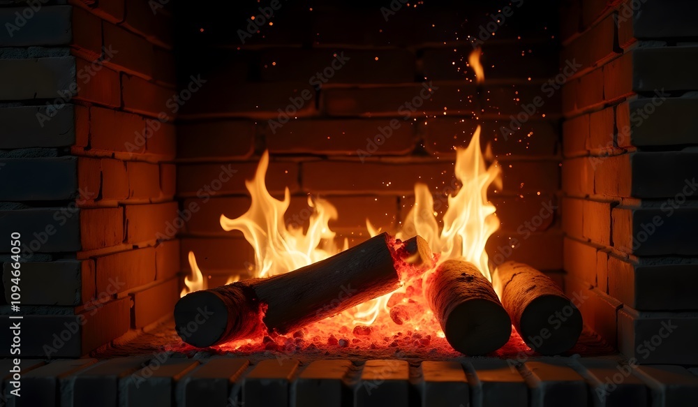 Obraz premium Burning logs in traditional brick fireplace
