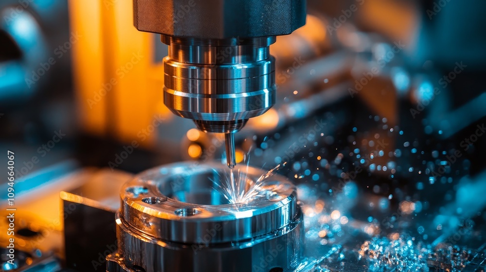 Close-up of a drill bit cutting into a metal workpiece on a CNC machine Close-up of a drill bit cutting into a metal workpiece on a CNC machine