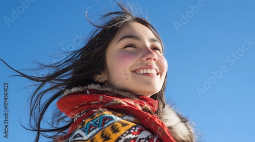 Young woman smiling with wind in her hair against a blue sky.