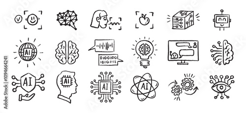 Artificial Intelligence Icons grunge chalk hand drawn doodle Brush set. Outline AI drawing crayon 
