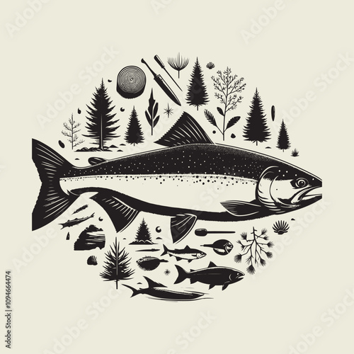 A fish head and a fish in the middle of a forest. A poster that says fish set on it.