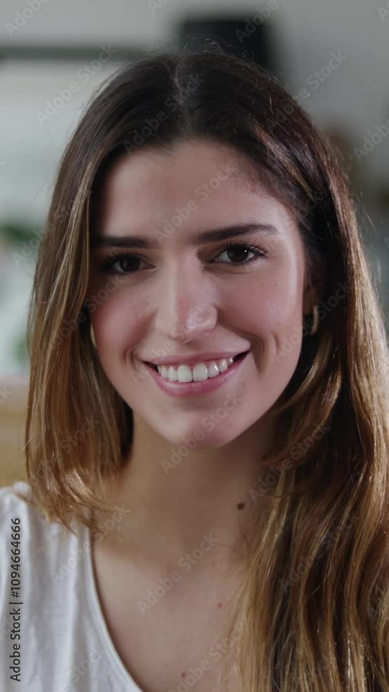 Vertical HD video portrait of smiling young adult pretty woman looking at camera. Millennial female with toothy smile resting at home Vertical HD video portrait of smiling young adult pretty woman looking at camera. Millennial female with toothy smile resting at home