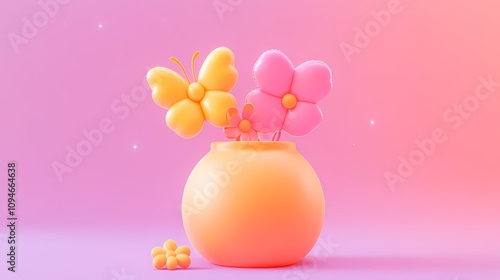 Colorful cute balloons vase flowers and butterflies illustrated poster background
