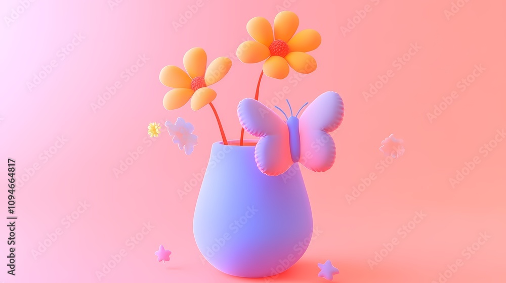 Colorful cute balloons vase flowers and butterflies illustrated poster background Colorful cute balloons vase flowers and butterflies illustrated poster background