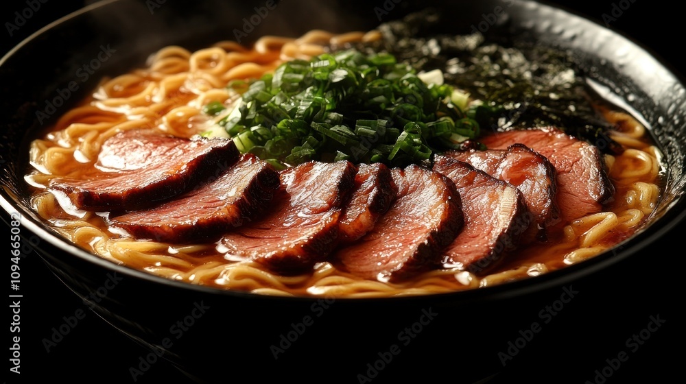 Fototapeta premium Delicious bowl of ramen with sliced beef, scallions, and seaweed.