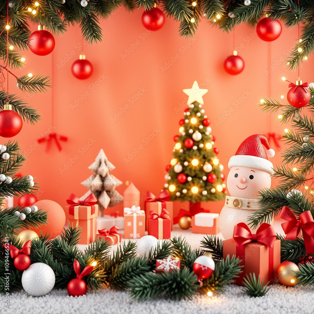 A snowman with a red hat stands in front of a decorated Christmas tree with gifts and ornaments. A snowman with a red hat stands in front of a decorated Christmas tree with gifts and ornaments.