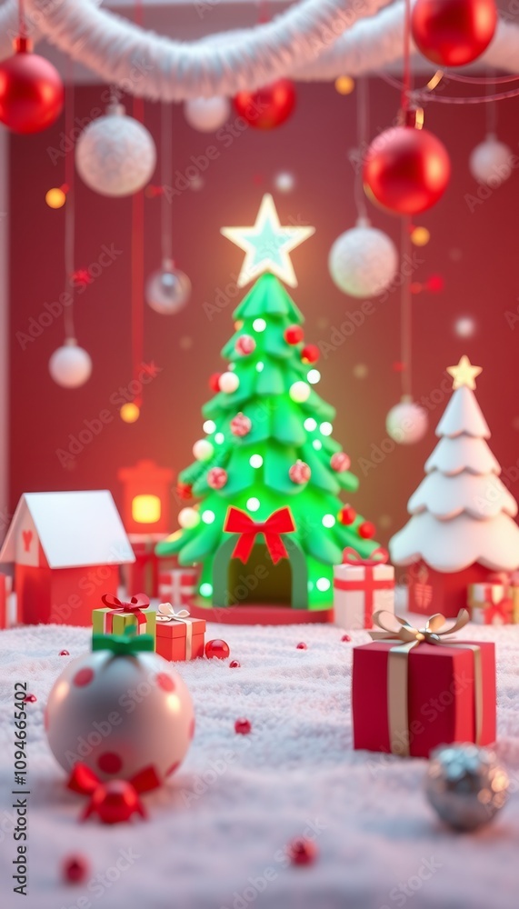 A 3D rendering of a Christmas scene with a Christmas tree, presents, and ornaments. A 3D rendering of a Christmas scene with a Christmas tree, presents, and ornaments.