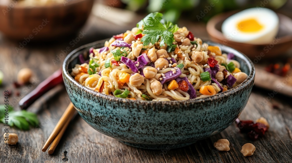 Delicious chickpea noodle salad in bowl. Delicious chickpea noodle salad in bowl.