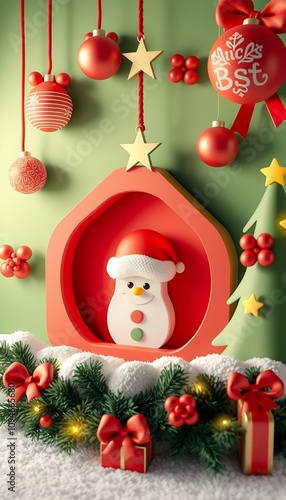 Snowman in a red and gold frame with Christmas ornaments and a tree.